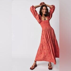 ☀️EUC Free People Dahlia Maxi Dress, Smocked, Melon